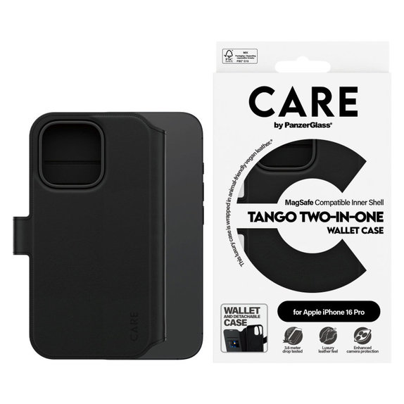 Ovitek Wallet Tango Two-In-One z MagSafe za iPhone 16 Pro, Črna, CARE
