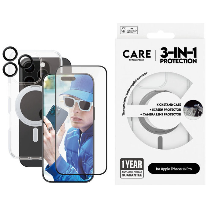 Bundle Hoops Ceramic + Kaljeno steklo UWF Ceramic + Ovitek Kickstand za iPhone 16 Pro, CARE