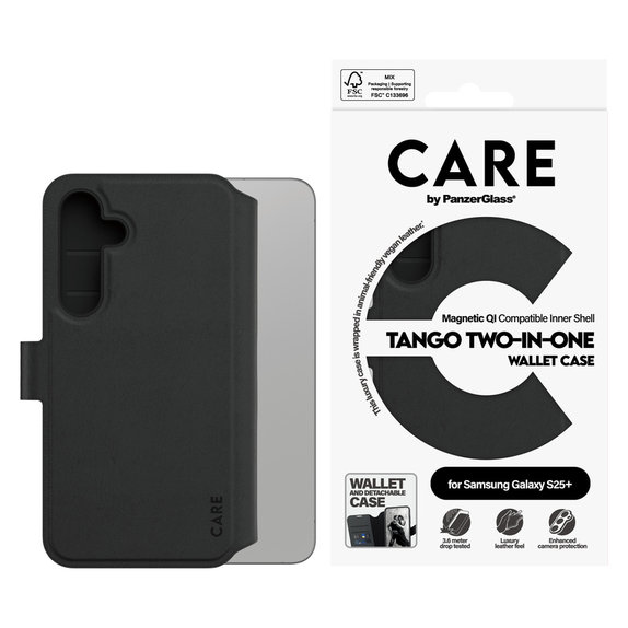 Ovitek Wallet Tango Two-In-One s QI za Samsung Galaxy S25+, Črna, PanzerGlass