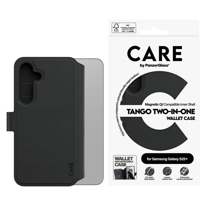 Ovitek Wallet Tango Two-In-One s QI za Samsung Galaxy S25+, Črna, PanzerGlass