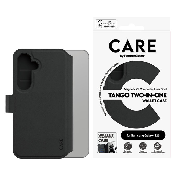 Ovitek Wallet Tango Two-In-One s QI za Samsung Galaxy S25, Črna, PanzerGlass
