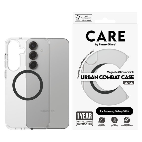 Ovitek Urban Combat s črnim QI za Samsung Galaxy S25+, Prozorna, PanzerGlass