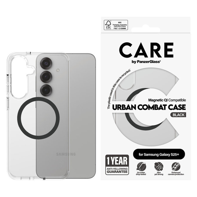 Ovitek Urban Combat s črnim QI za Samsung Galaxy S25+, Prozorna, PanzerGlass