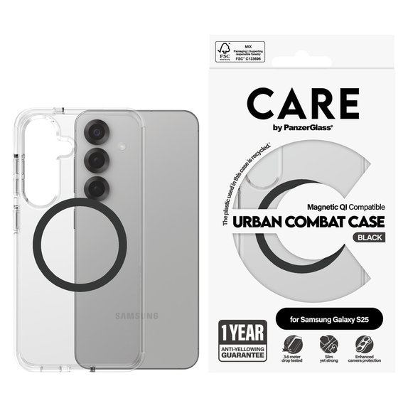 Ovitek Urban Combat s črnim QI za Samsung Galaxy S25, Prozorna, PanzerGlass