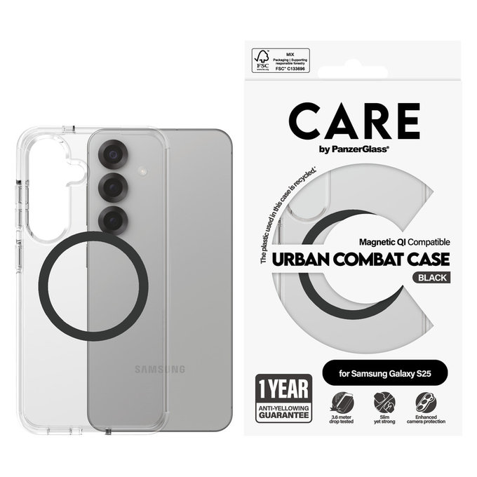 Ovitek Urban Combat s črnim QI za Samsung Galaxy S25, Prozorna, PanzerGlass