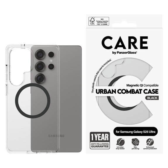 Ovitek Urban Combat s črnim QI za Samsung Galaxy S25 Ultra, Prozorna, PanzerGlass