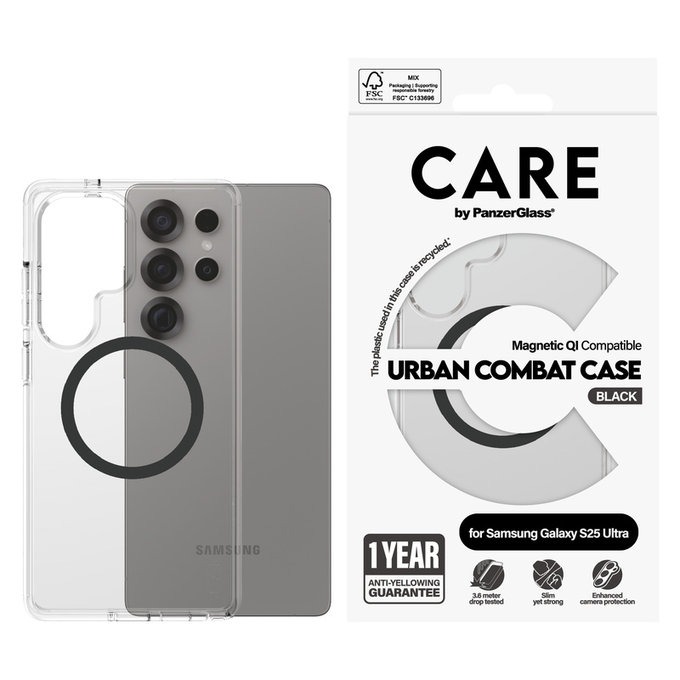 Ovitek Urban Combat s črnim QI za Samsung Galaxy S25 Ultra, Prozorna, PanzerGlass