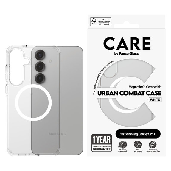 Ovitek Urban Combat z belim QI za Samsung Galaxy S25+, Prozorna, PanzerGlass