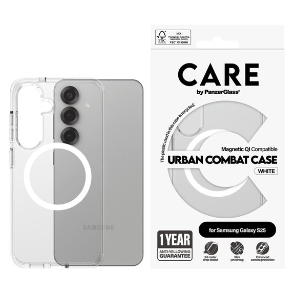 Ovitek Urban Combat z belim QI za Samsung Galaxy S25, Prozorna, PanzerGlass
