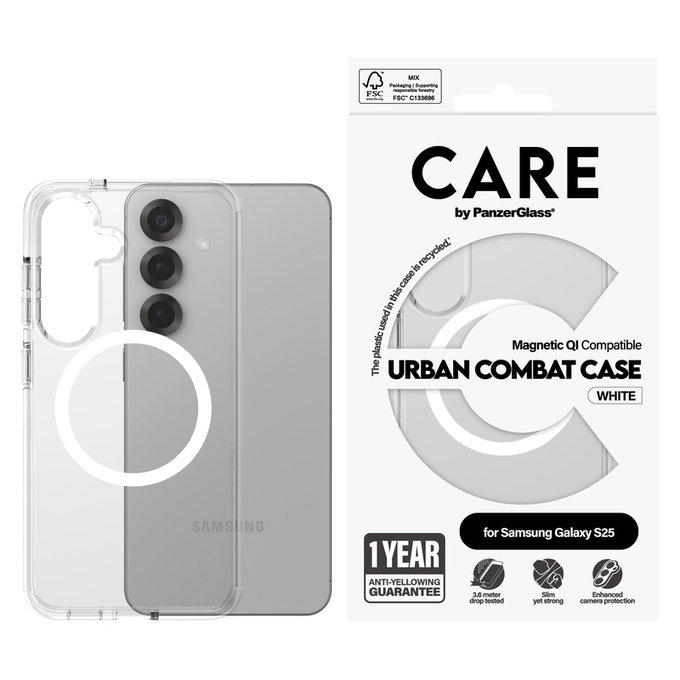 Ovitek Urban Combat z belim QI za Samsung Galaxy S25, Prozorna, PanzerGlass