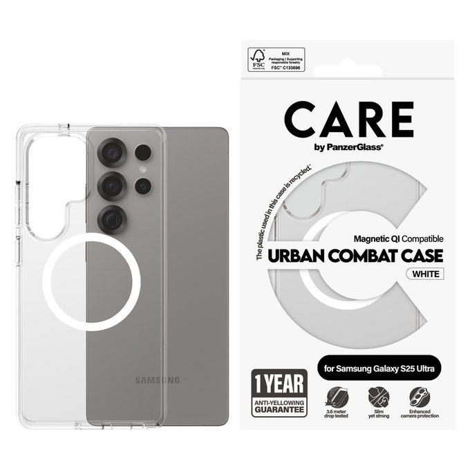 Ovitek Urban Combat z belim QI za Samsung Galaxy S25 Ultra, Prozorna, PanzerGlass
