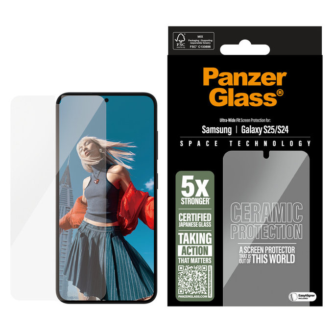 Kaljeno steklo UWF Ceramic z aplikatorjem za Samsung Galaxy S25, Prozorna, PanzerGlass