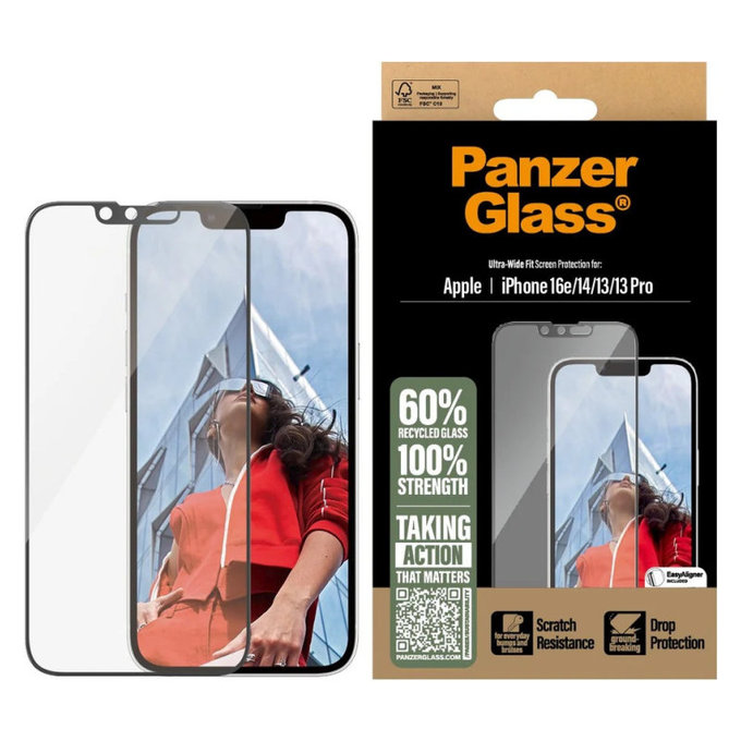 UWF kaljeno steklo z aplikatorjem za iPhone 17e/16e/14/13/13 Pro, Črna, PanzerGlass