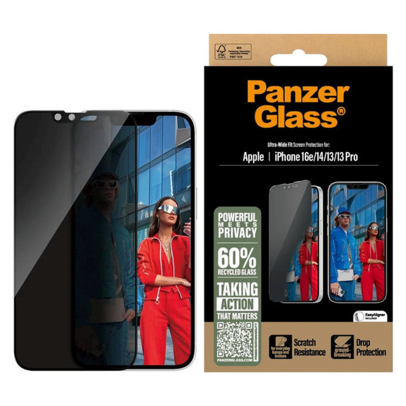 UWF Privacy kaljeno steklo z aplikatorjem za iPhone 17e/16e/14/13/13 Pro, Črna, PanzerGlass