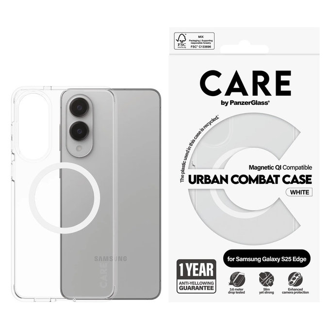 Ovitek Urban Combat z belim QI za Samsung Galaxy S25 Edge, Prozorna, PanzerGlass