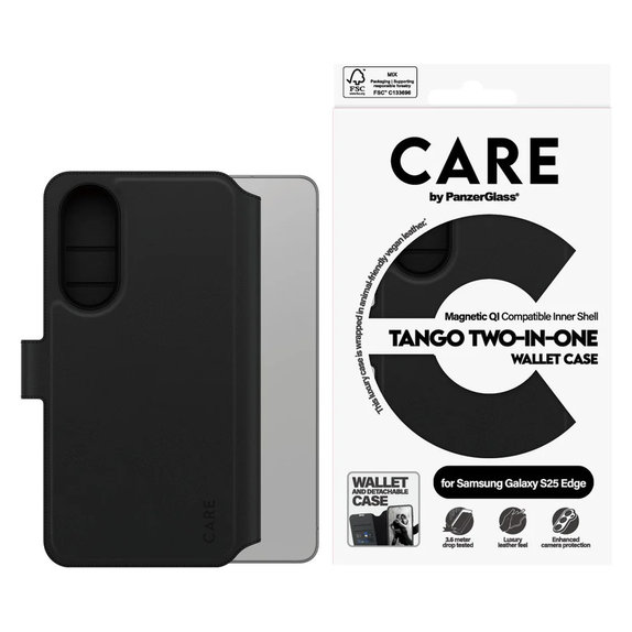 Ovitek Wallet Tango Two-In-One s QI za Samsung Galaxy S25 Edge, Črna, PanzerGlass