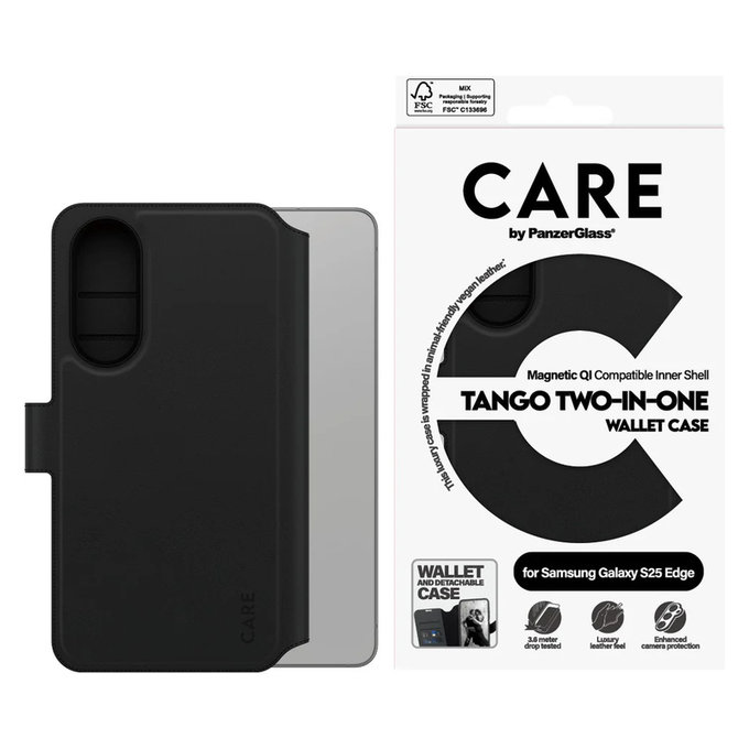 Ovitek Wallet Tango Two-In-One s QI za Samsung Galaxy S25 Edge, Črna, PanzerGlass