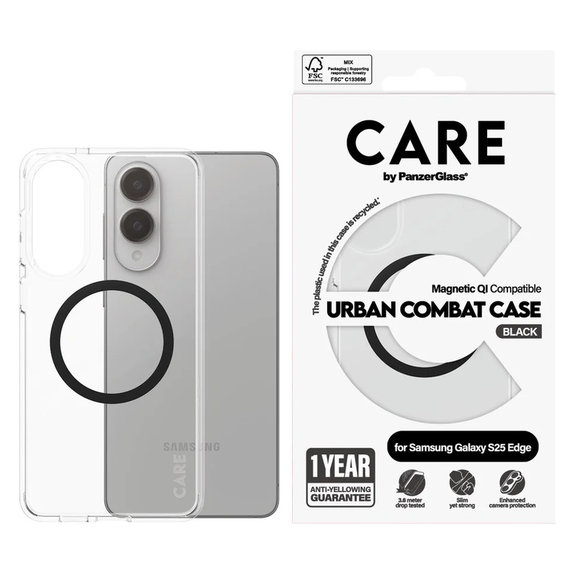 Ovitek Urban Combat s črnim QI za Samsung Galaxy S25 Edge, Prozorna, PanzerGlass
