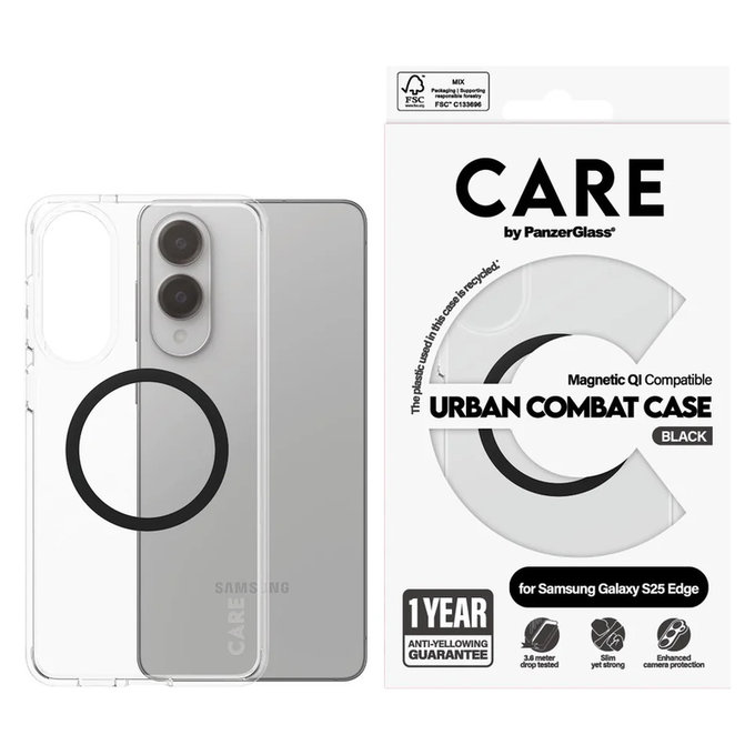 Ovitek Urban Combat s črnim QI za Samsung Galaxy S25 Edge, Prozorna, PanzerGlass