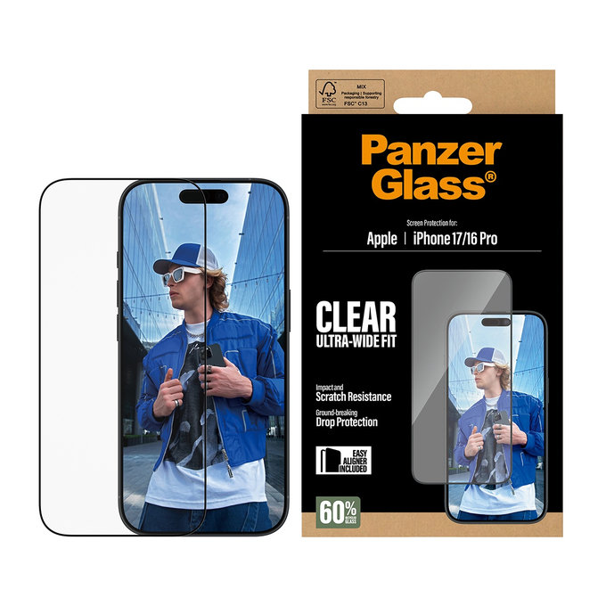 UWF kaljeno steklo z aplikatorjem za iPhone 17/16 Pro, Črna, PanzerGlass