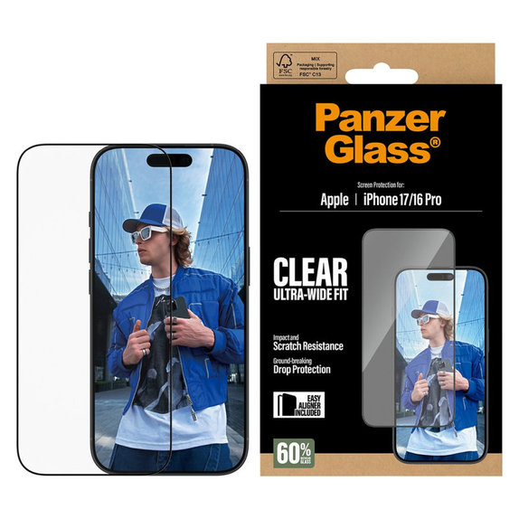 UWF kaljeno steklo z aplikatorjem za iPhone 17/16 Pro, Črna, PanzerGlass