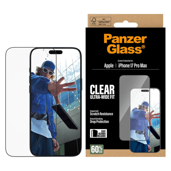 UWF kaljeno steklo z aplikatorjem za iPhone 17 Pro Max, Črna, PanzerGlass
