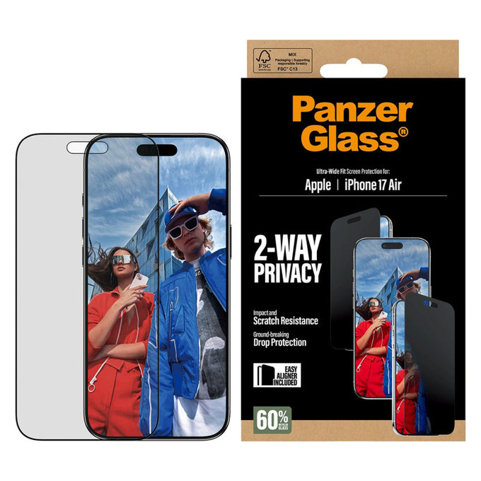 Kaljeno steklo UWF 2-Way Privacy z aplikatorjem za iPhone 17 Air, Črna, PanzerGlass
