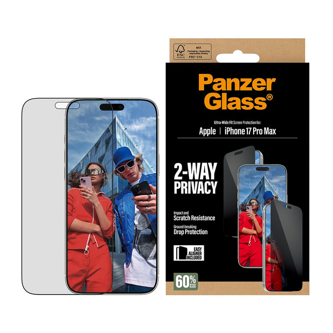 UWF 2-Way Privacy kaljeno steklo s Fastfit za iPhone 17 Pro Max, Črna, PanzerGlass