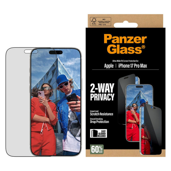 UWF 2-Way Privacy kaljeno steklo s Fastfit za iPhone 17 Pro Max, Črna, PanzerGlass