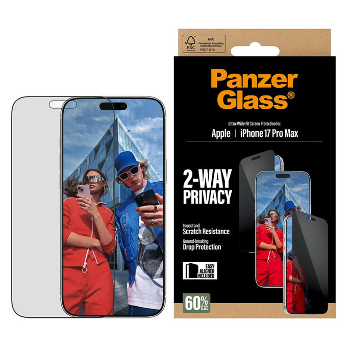 UWF 2-Way Privacy kaljeno steklo s Fastfit za iPhone 17 Pro Max, Črna, PanzerGlass
