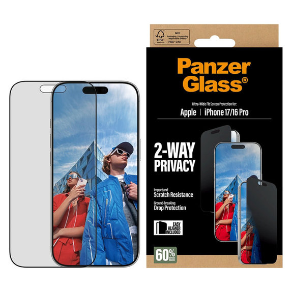 UWF 2-Way Privacy kaljeno steklo s Fastfit za iPhone 17/16 Pro, Črna, PanzerGlass