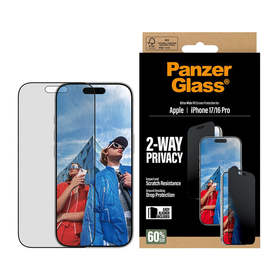 UWF 2-Way Privacy kaljeno steklo s Fastfit za iPhone 17/16 Pro, Črna, PanzerGlass