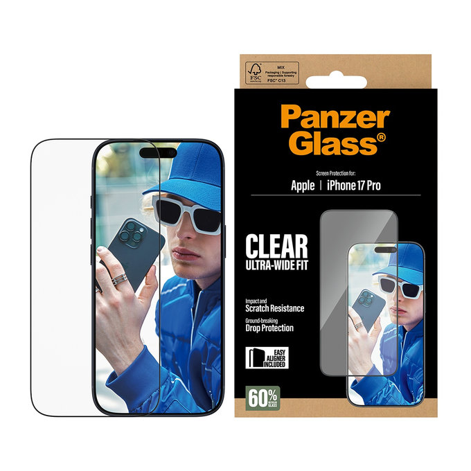 UWF kaljeno steklo z aplikatorjem za iPhone 17 Pro, Črna, PanzerGlass