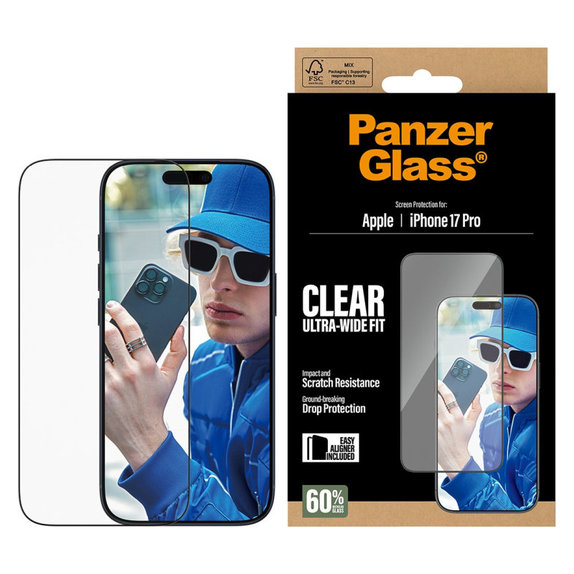 UWF kaljeno steklo z aplikatorjem za iPhone 17 Pro, Črna, PanzerGlass