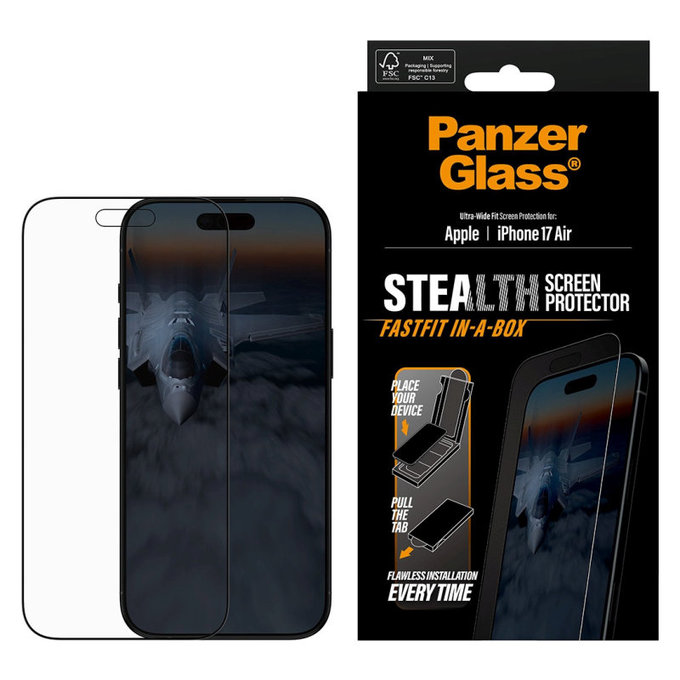 Kaljeno steklo UWF Stealth s Fastfit za iPhone 17 Air, Črna, PanzerGlass