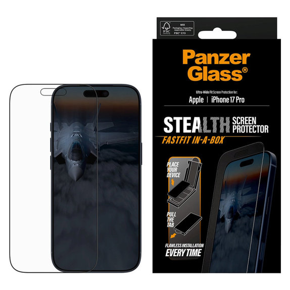 Kaljeno steklo UWF Stealth s Fastfit za iPhone 17 Pro, Črna, PanzerGlass