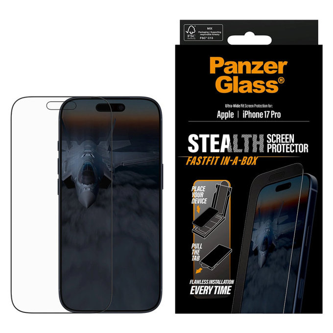 Kaljeno steklo UWF Stealth s Fastfit za iPhone 17 Pro, Črna, PanzerGlass