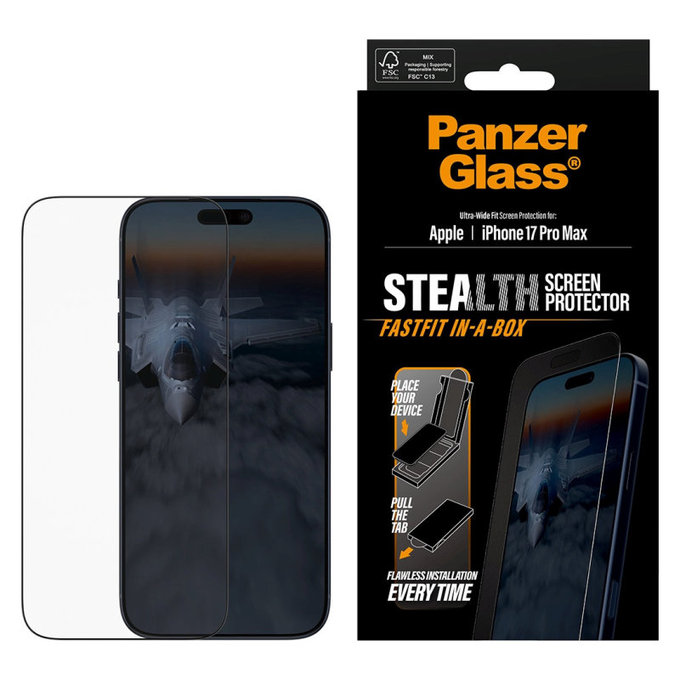 Kaljeno steklo UWF Stealth s Fastfit za iPhone 17 Pro Max, Črna, PanzerGlass