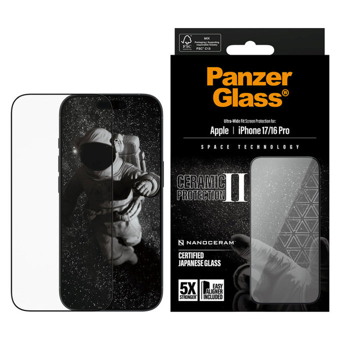 UWF Ceramic II kaljeno steklo s Fastfit za iPhone 17/16 Pro, Črna, PanzerGlass