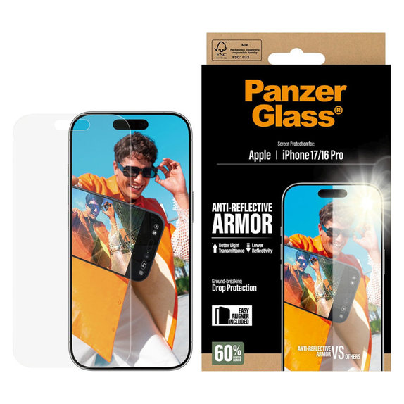Kaljeno steklo Anti-Reflective z aplikatorjem za iPhone 17/16 Pro, Črna, PanzerGlass