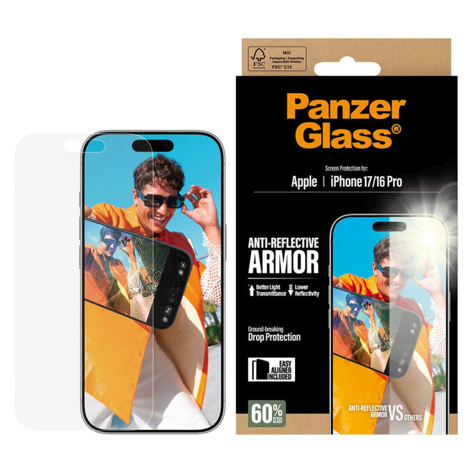 Kaljeno steklo Anti-Reflective z aplikatorjem za iPhone 17/16 Pro, Črna, PanzerGlass