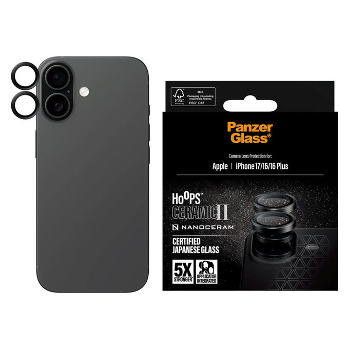 Zaščita objektiva kamere Hoops Ceramic II za iPhone 17/16 Plus/16, Črna, PanzerGlass