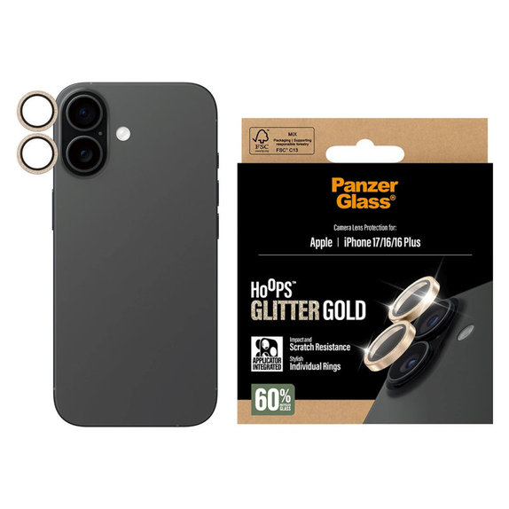 Zaščita objektiva kamere Hoops za iPhone 17/16 Plus/16, Glitter Gold, PanzerGlass