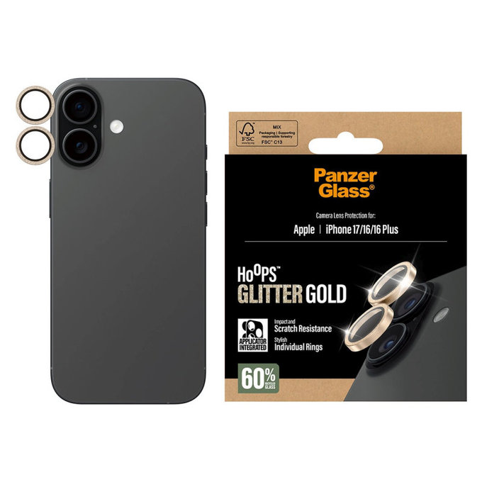 Zaščita objektiva kamere Hoops za iPhone 17/16 Plus/16, Glitter Gold, PanzerGlass