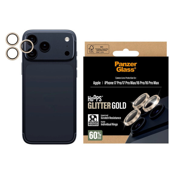 Zaščita objektiva kamere Hoops za iPhone 17 Pro Max/17 Pro/16 Pro Max/16 Pro, Glitter Gold, PanzerGlass