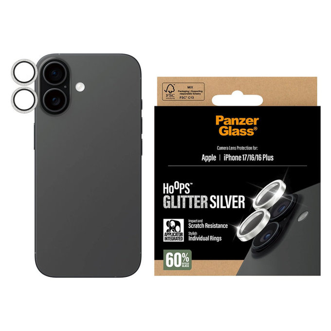 Zaščita objektiva kamere Hoops za iPhone 17/16 Plus/16, Glitter Silver, PanzerGlass