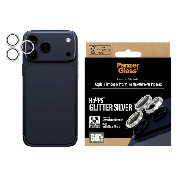 Zaščita objektiva kamere Hoops za iPhone 17 Pro Max/17 Pro/16 Pro Max/16 Pro, Glitter Silver, PanzerGlass