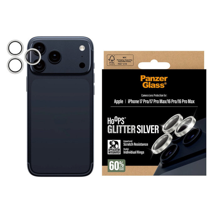 Zaščita objektiva kamere Hoops za iPhone 17 Pro Max/17 Pro/16 Pro Max/16 Pro, Glitter Silver, PanzerGlass