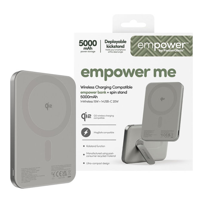 Brezžična PowerBank 5000 mAh, z vrtljivim stojalom 20 W, združljiva z MagSafe, Qi2/USB-C, Titan, empower