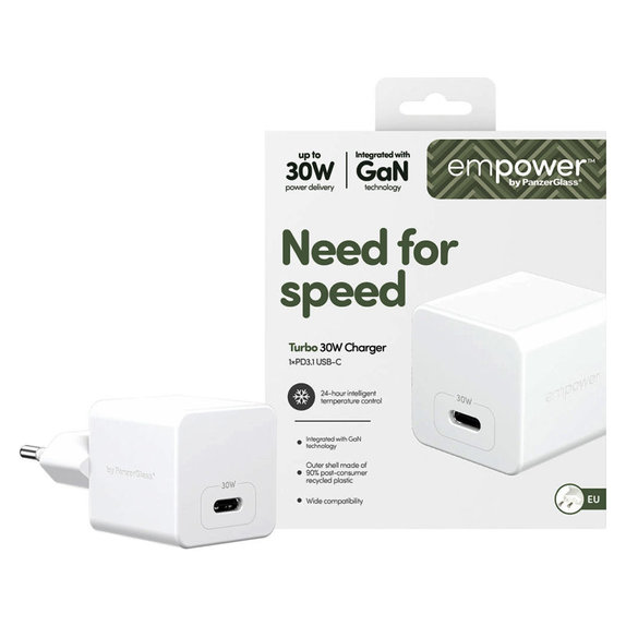 Potovalni adapter Grand Prix USB-C, GaN, 30 W PD, srebrno-bel, empower